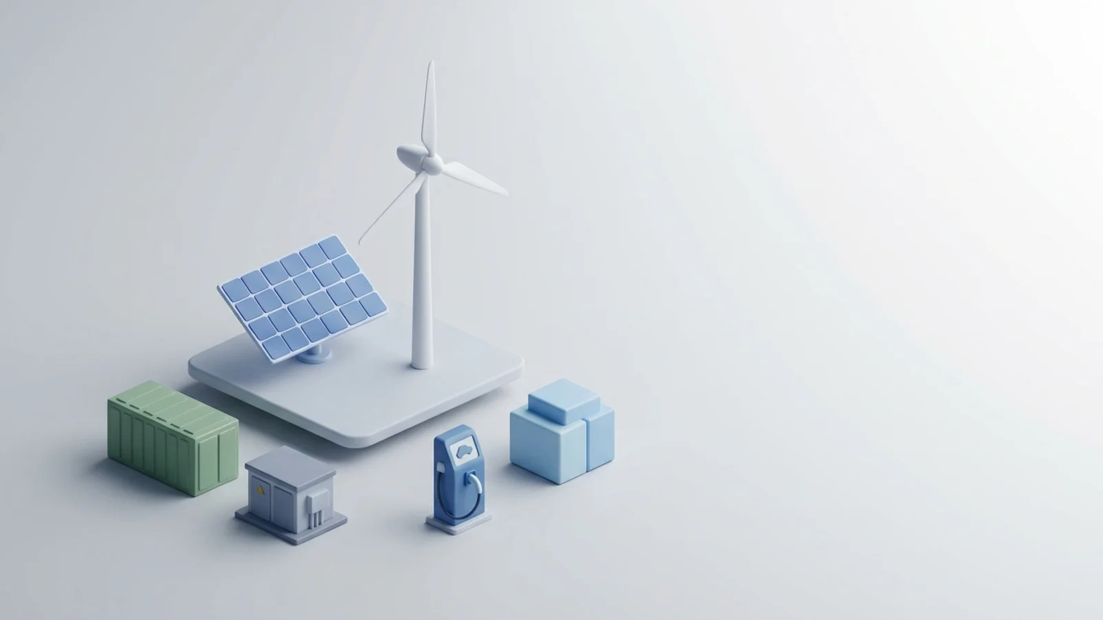 Isometric 3D illustration of solar array and wind turbine with battery container and substation