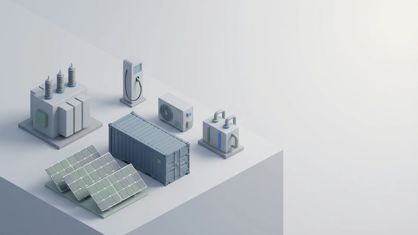 Isometric 3D illustration of solar array and battery container with substation and EV charger station