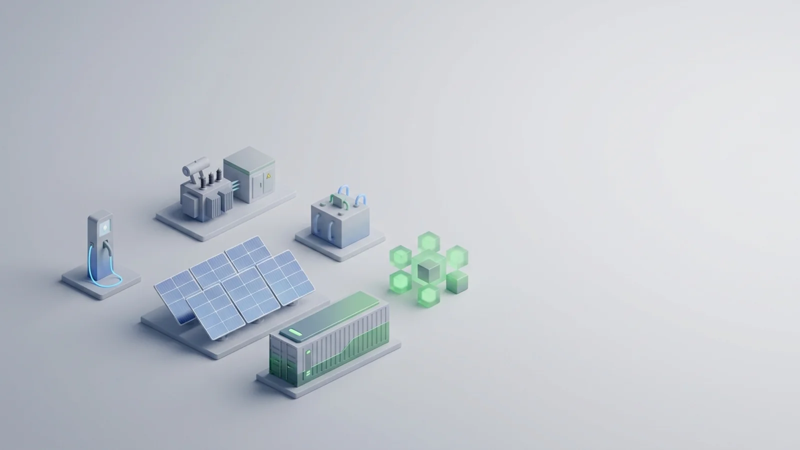 Isometric 3D illustration of solar array and battery container with substation and EV charger station