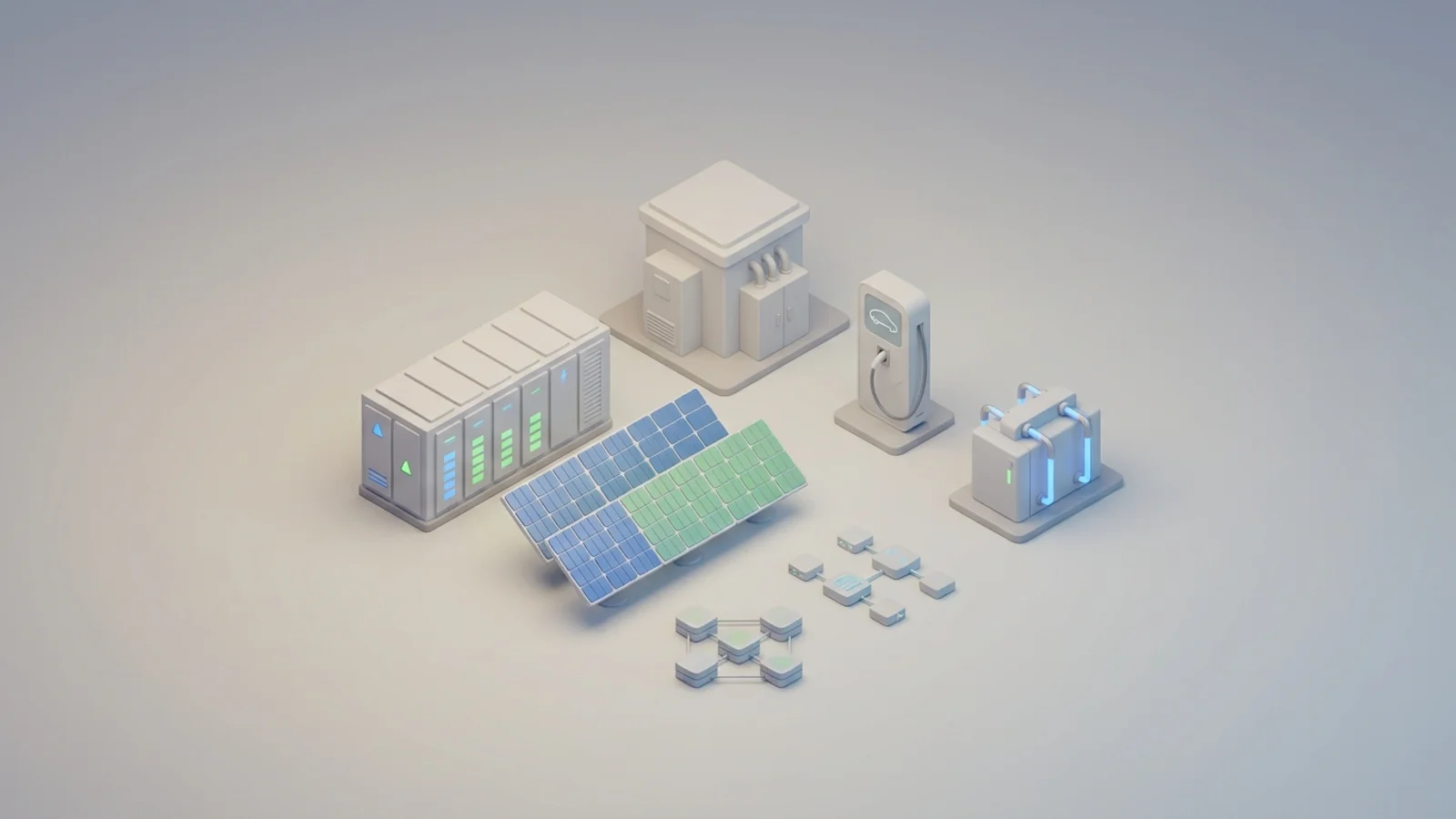 Isometric 3D illustration of solar array and battery container with substation and EV charger station