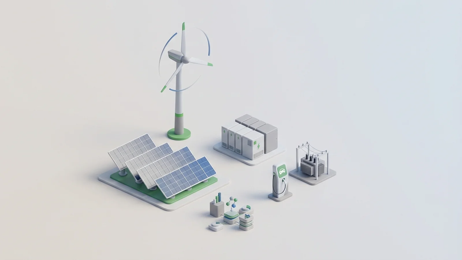 Isometric 3D illustration of solar array and wind turbine with battery container and substation