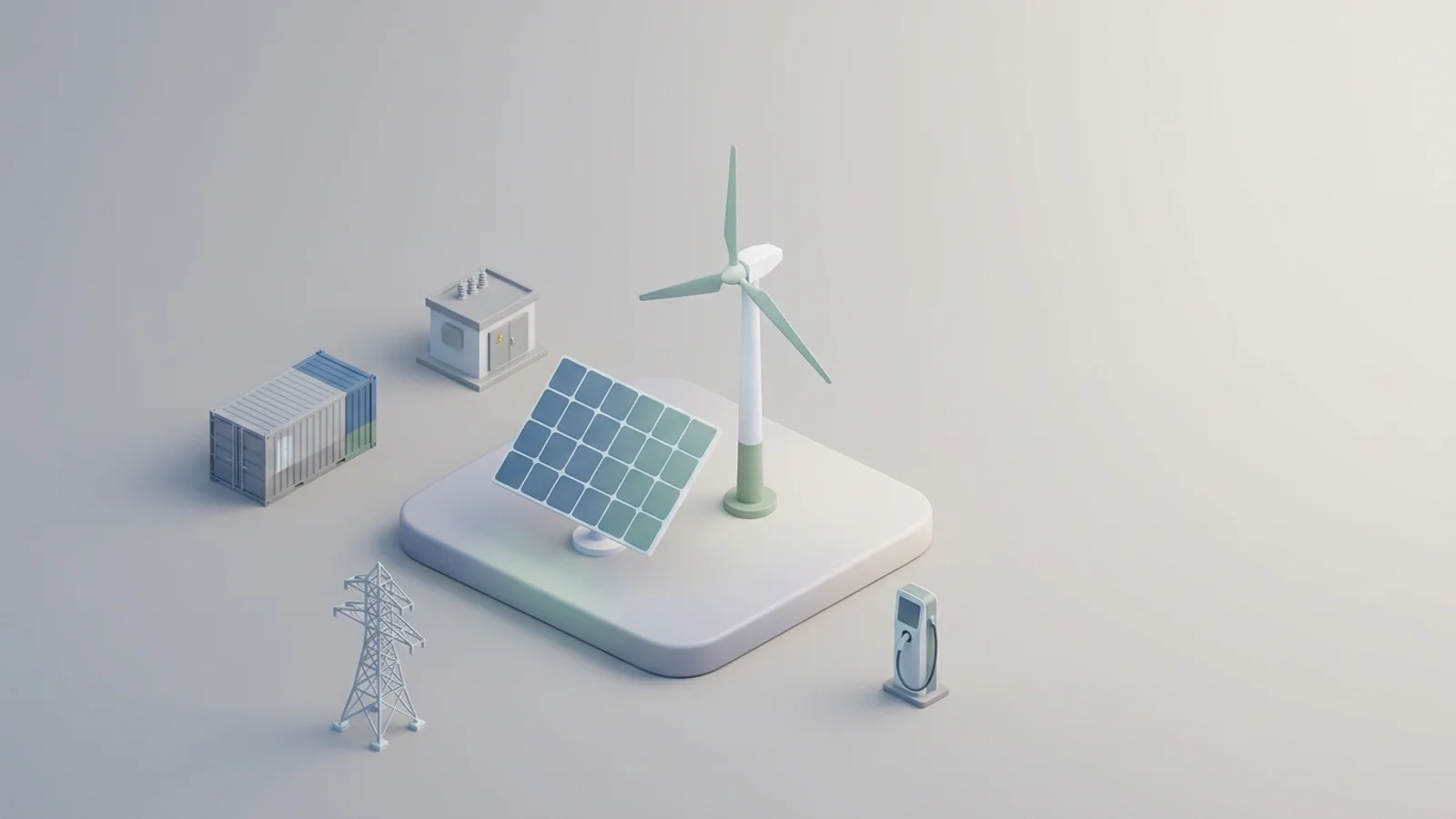 Isometric 3D illustration of solar array and wind turbine with battery container and substation
