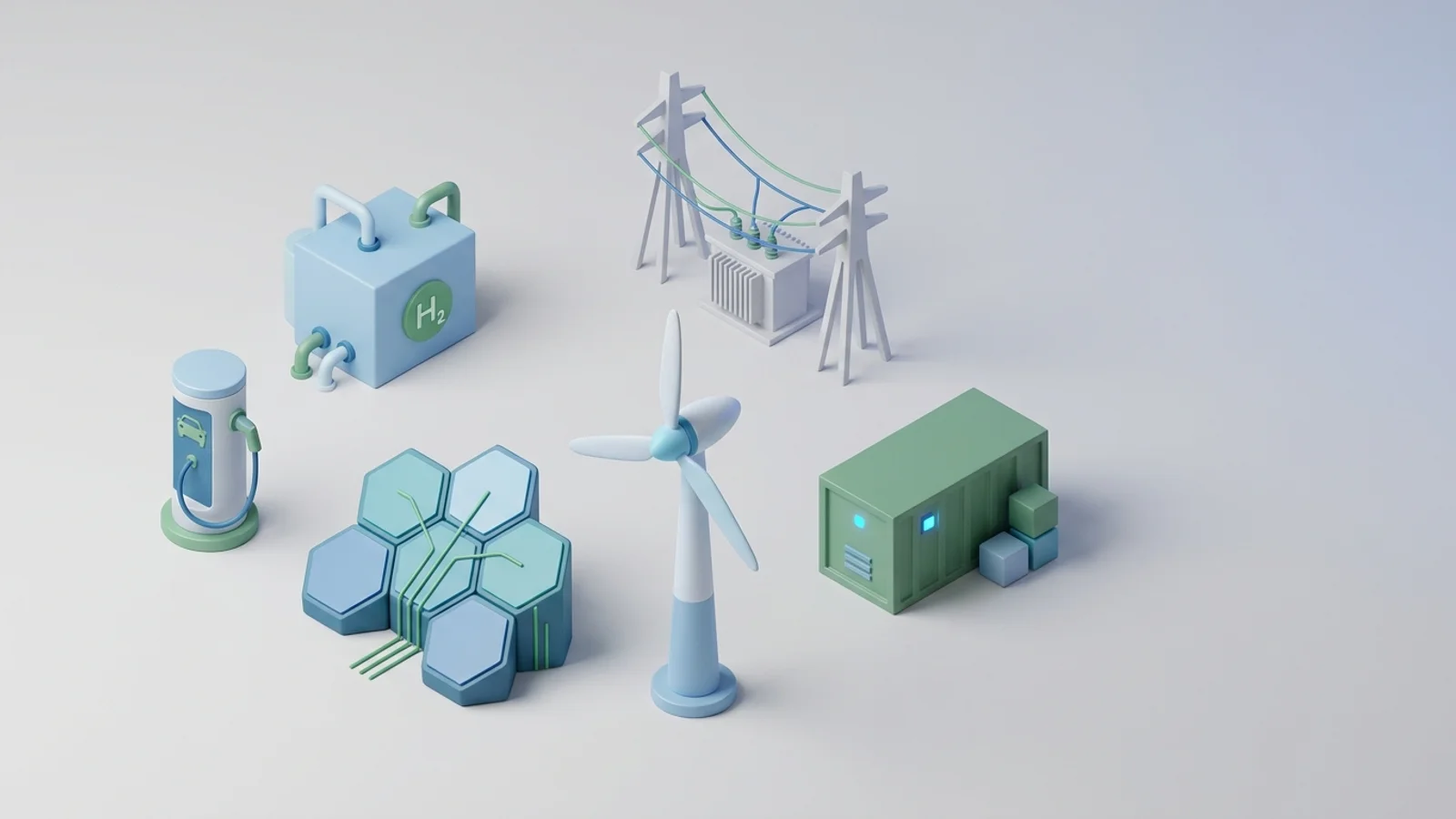 Isometric 3D illustration of solar array and wind turbine with battery container and substation