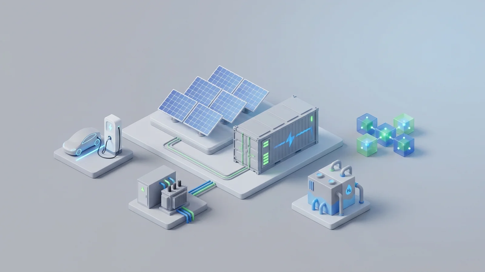 Isometric 3D illustration of solar array and battery container with substation and EV charger station