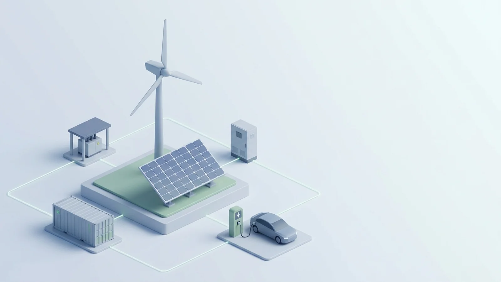 Isometric 3D illustration of solar array and wind turbine with battery container and substation