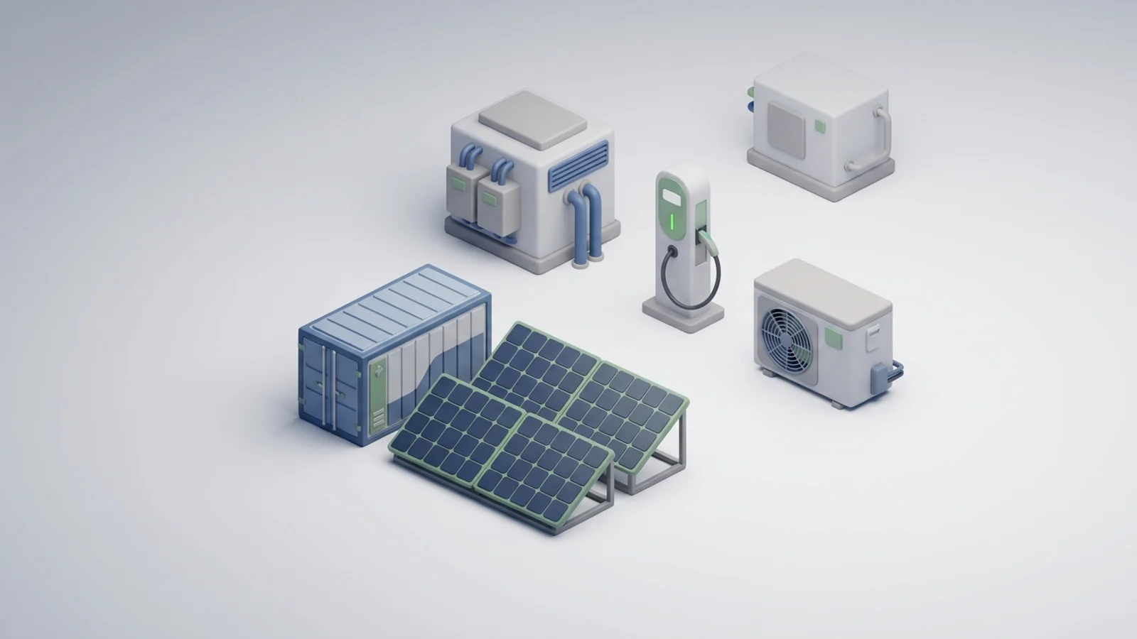 Isometric 3D illustration of solar array and battery container with substation and EV charger station