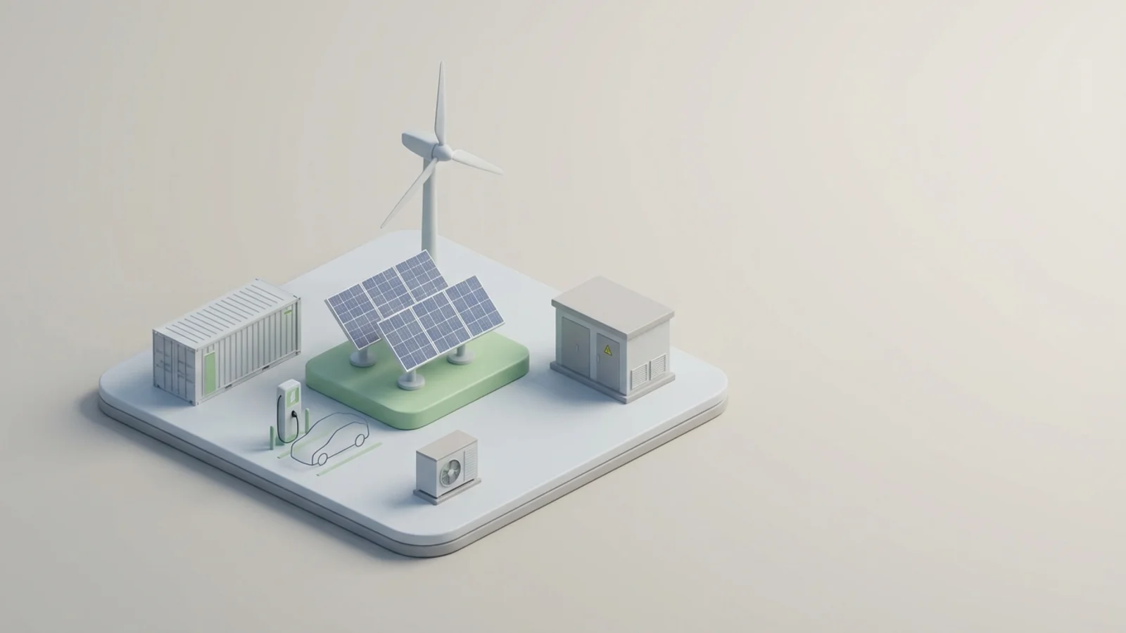 Isometric 3D illustration of solar array and wind turbine with battery container and substation