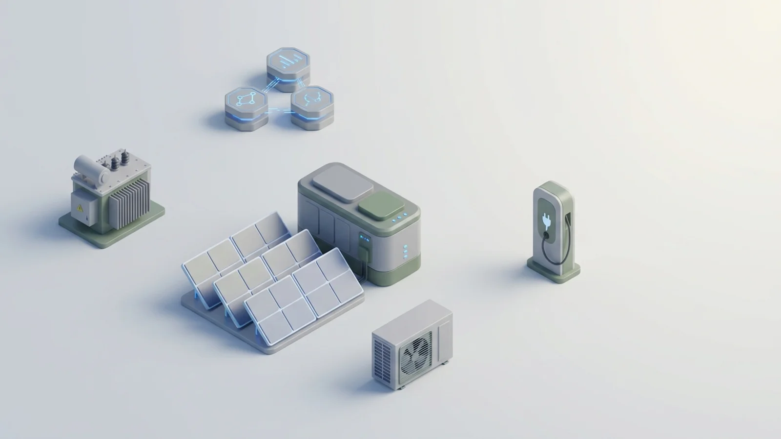 Isometric 3D illustration of solar array and battery container with substation and EV charger station