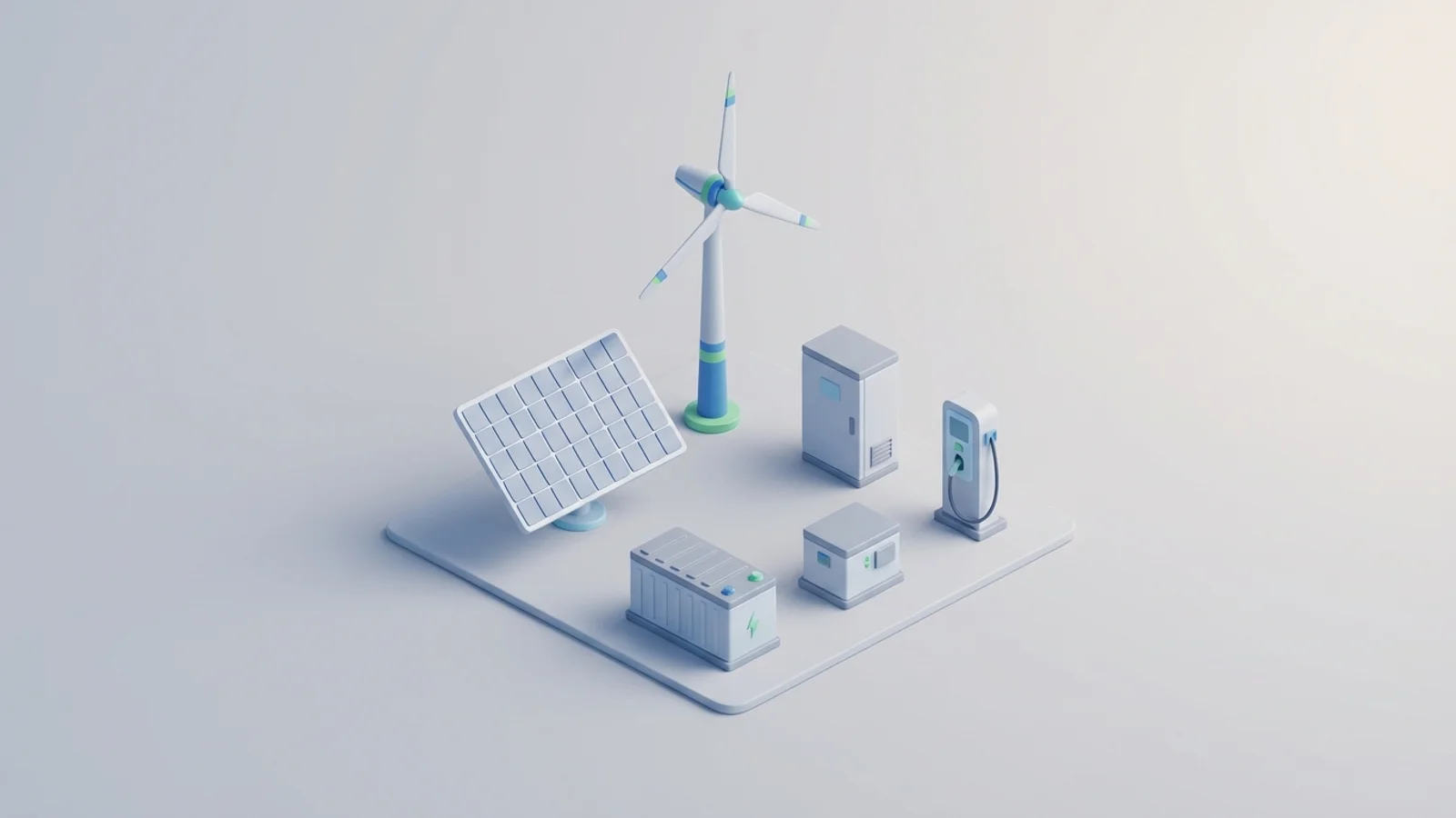 Isometric 3D illustration of solar array and wind turbine with battery container and substation