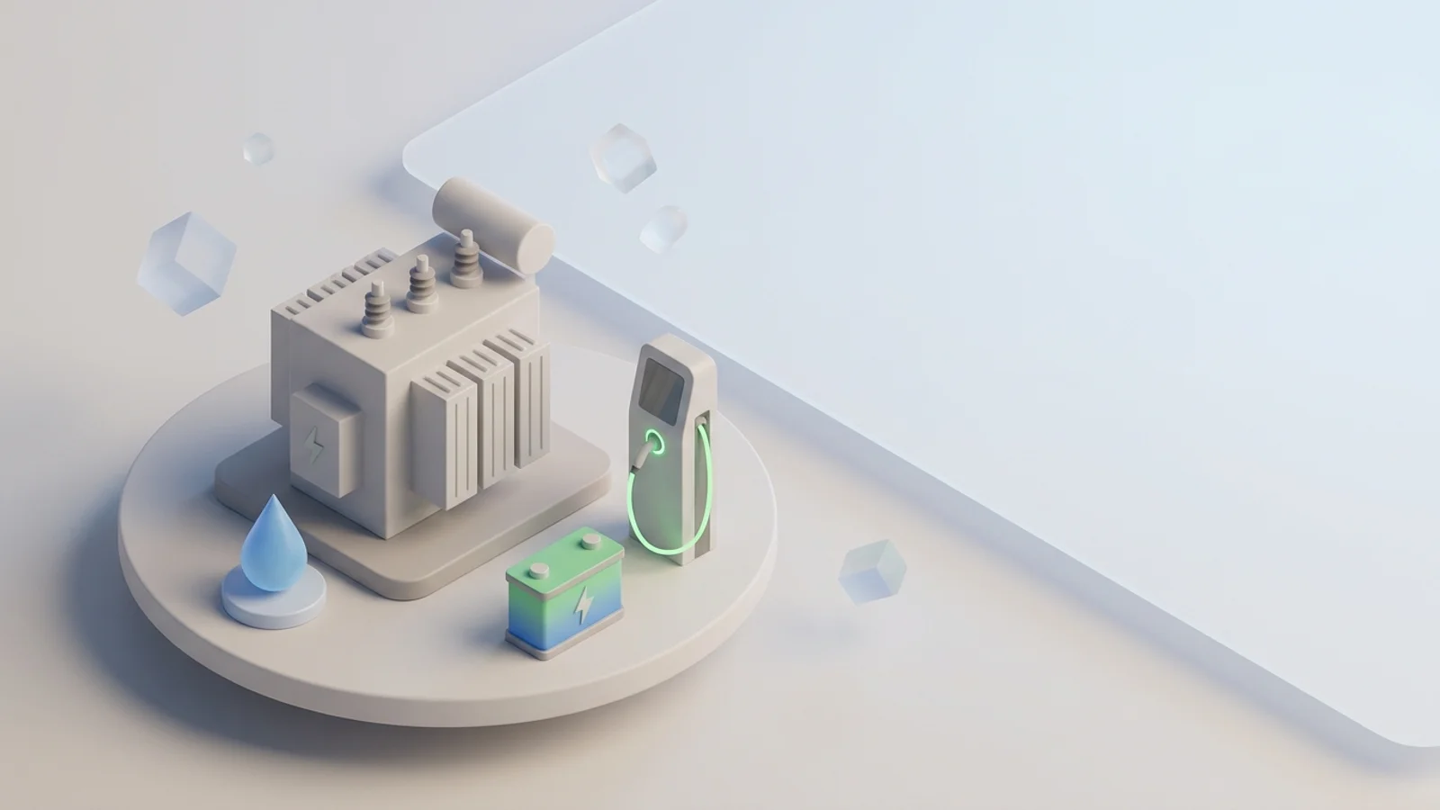 Isometric 3D illustration of substation and EV charger station with water droplet icon and battery container