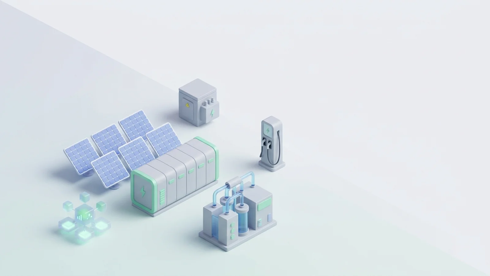 Isometric 3D illustration of solar array and battery container with substation and EV charger station