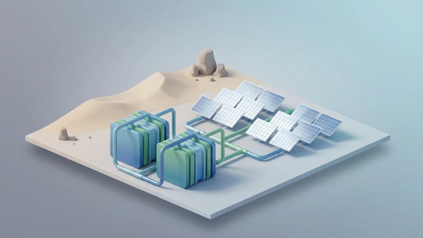 Isometric 3D illustration of A vast green hydrogen production facility in a desert landscape, powered by rows of gleaming solar panels, with large electrolyzer stacks in the foreground.