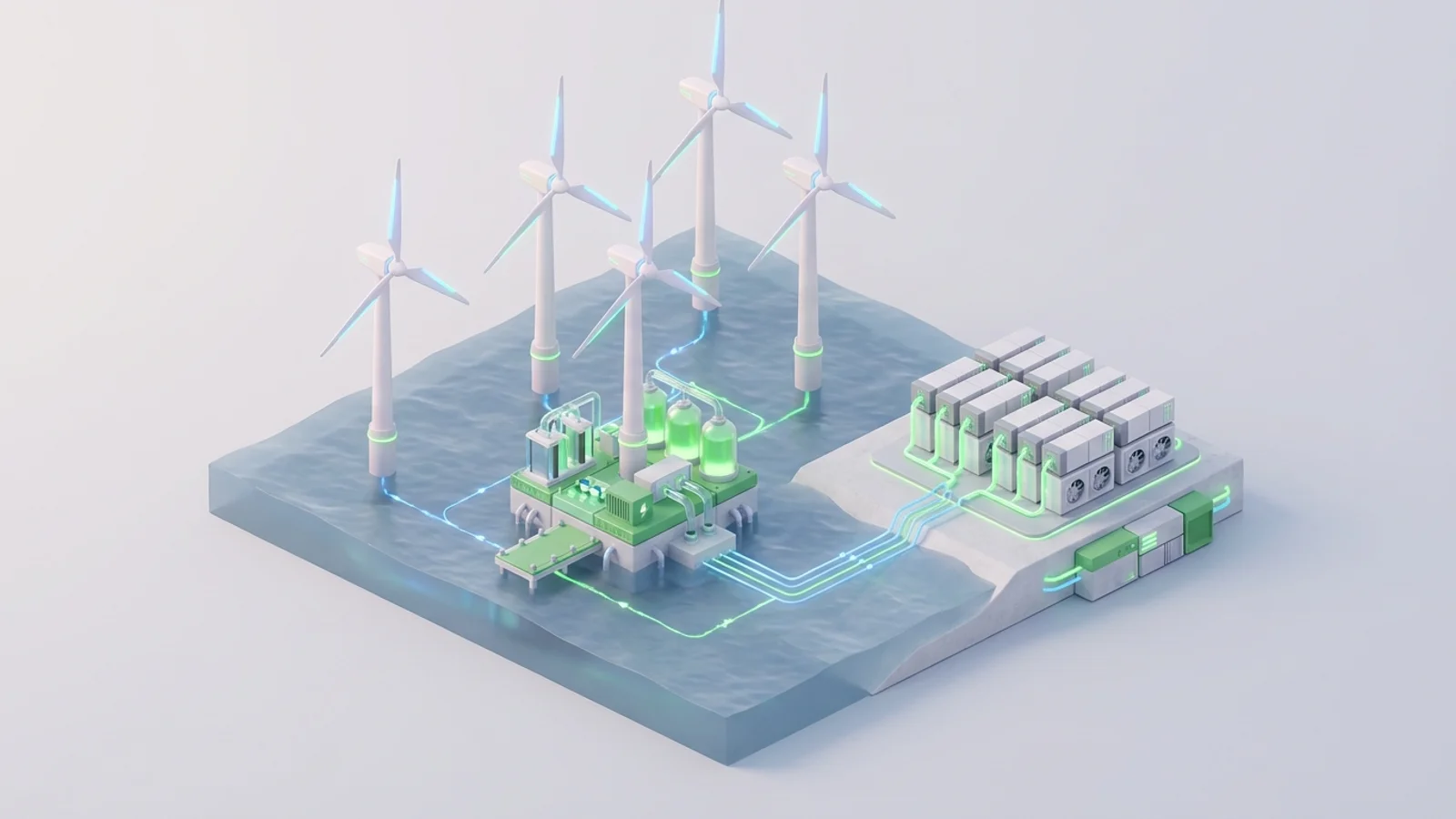 Isometric 3D illustration of An isometric scene featuring a massive offshore wind farm with several turbines, a green hydrogen production platform integrated into one of the wind turbine bases, and a large grid-scale battery storage facility on an adjacent artificial island.