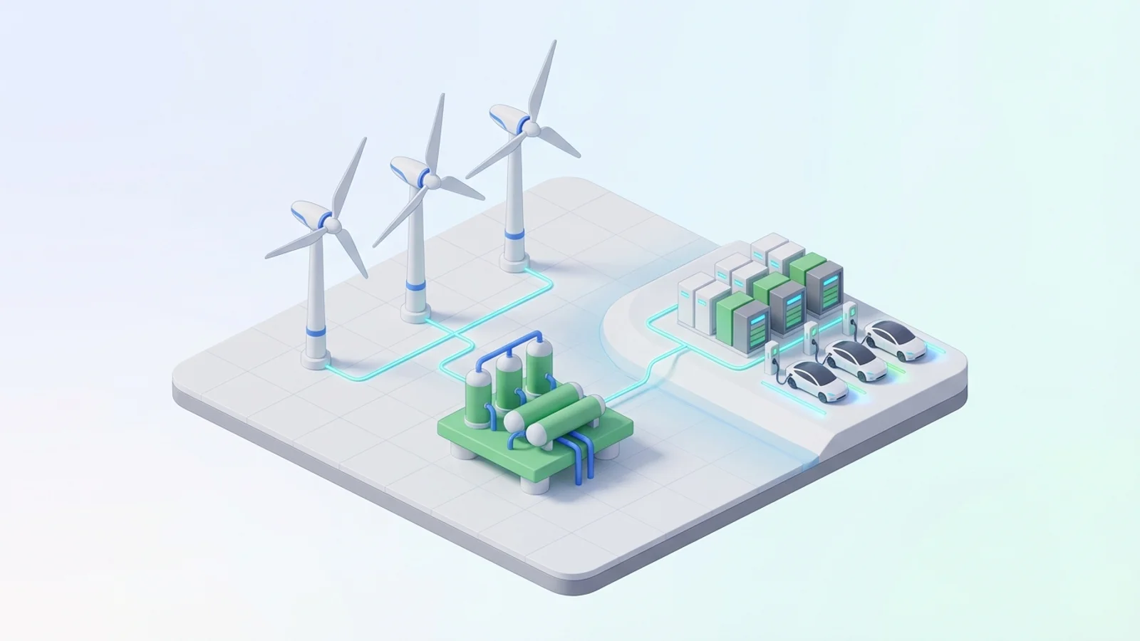 Isometric 3D illustration of An isometric scene featuring a large offshore wind farm with several modern turbines, connected to a floating green hydrogen production platform in the ocean. On the nearby coast, a grid-scale battery storage facility is visible, with electric vehicles charging at a station in the foreground, all under a clear sky.