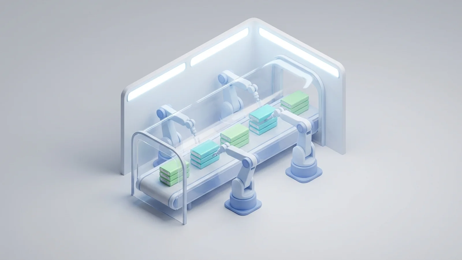 Isometric 3D illustration of A futuristic solid-state battery manufacturing line with automated robotic arms handling stacked cells under bright, clean lighting.