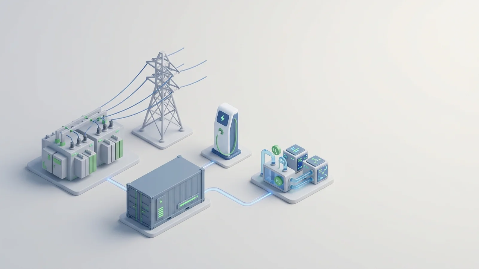 Isometric 3D illustration of battery container and substation with transmission tower and EV charger station