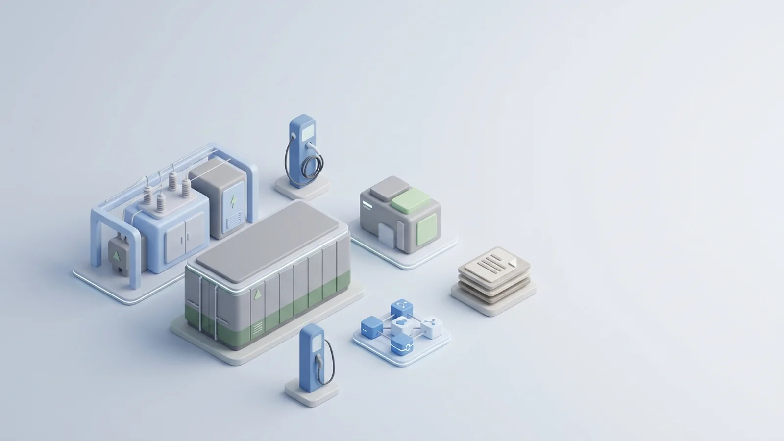 Isometric 3D illustration of battery container and substation with EV charger station and electrolyzer block