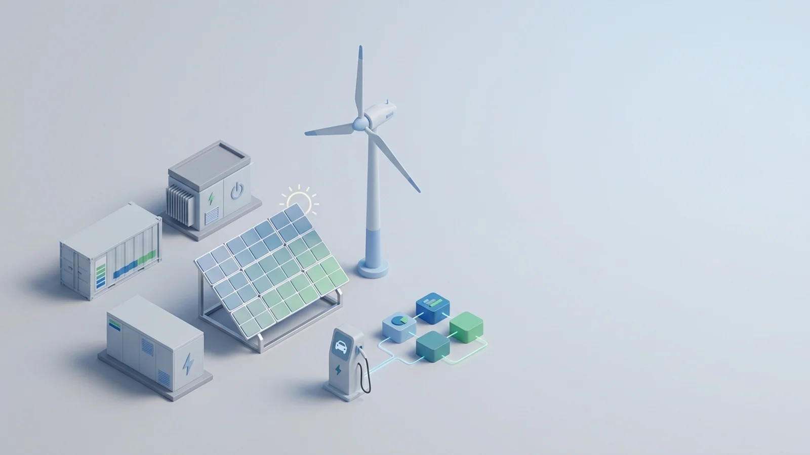 Isometric 3D illustration of solar array and wind turbine with battery container and substation