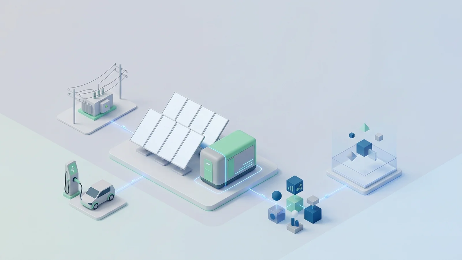 Isometric 3D illustration of solar array and battery container with substation and EV charger station