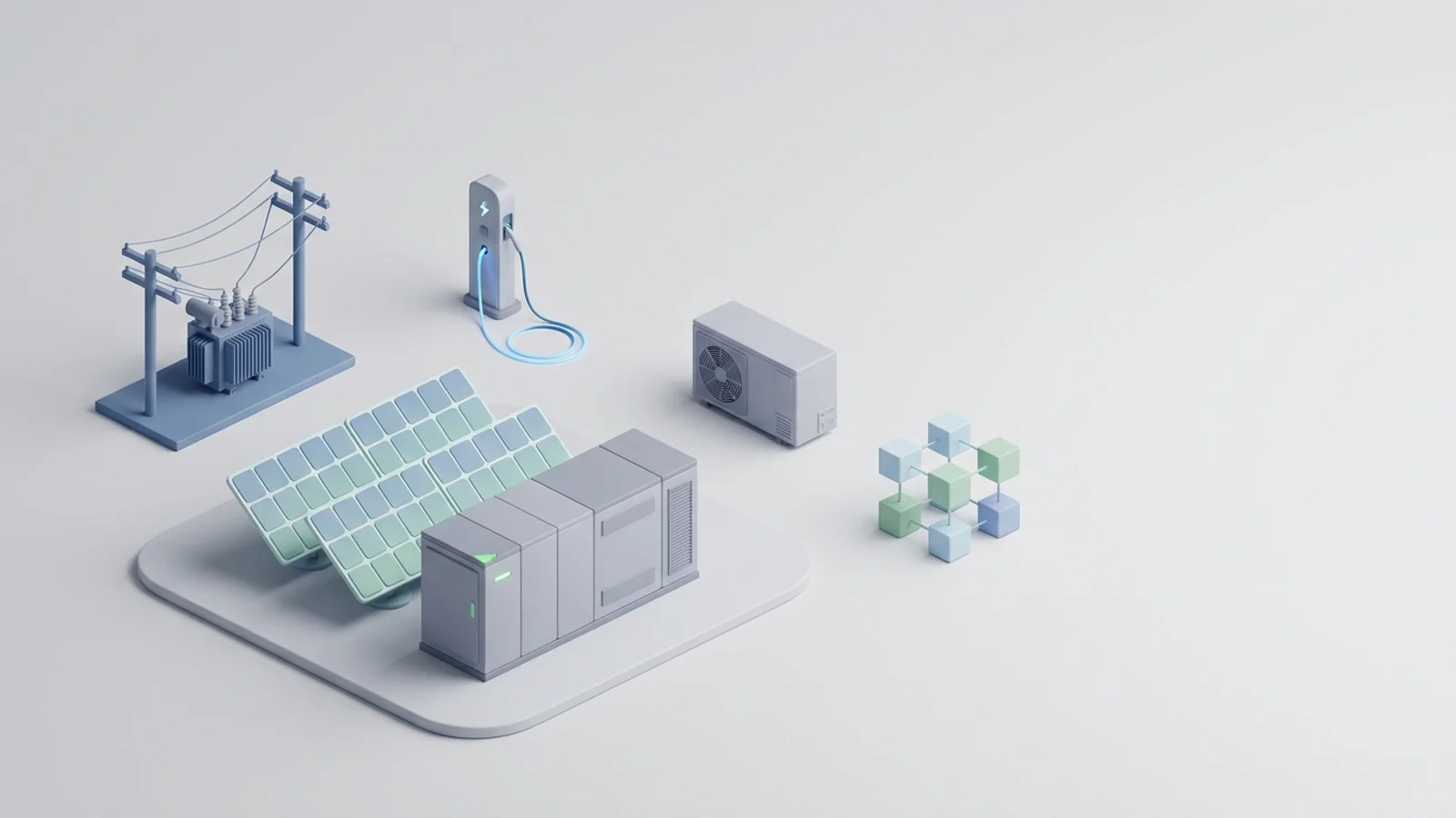 Isometric 3D illustration of solar array and battery container with substation and EV charger station