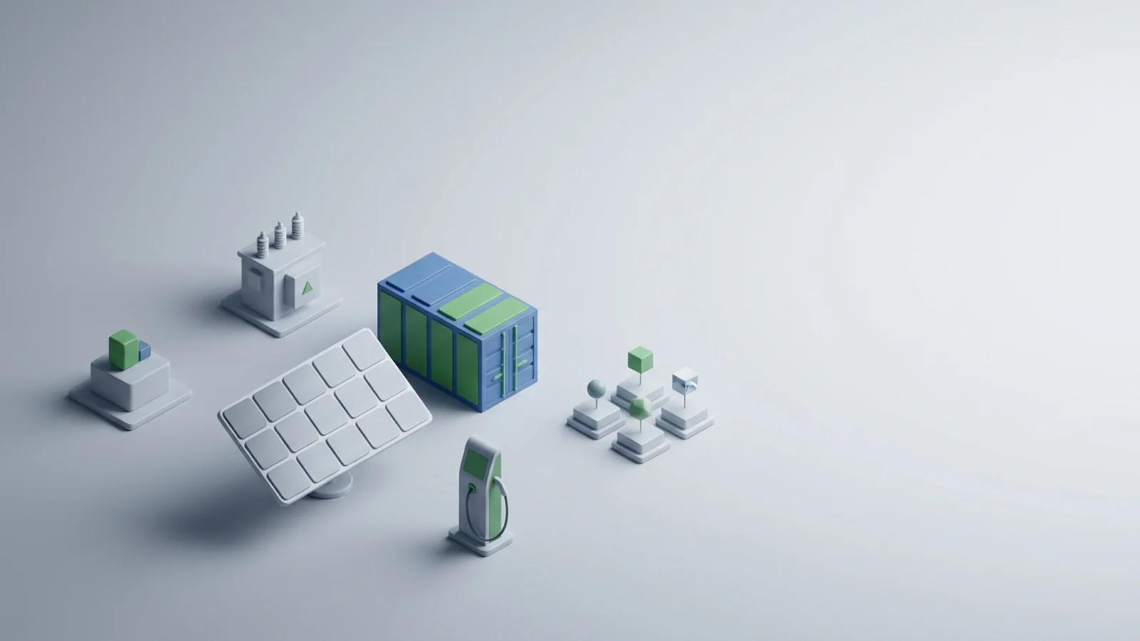 Isometric 3D illustration of solar array and battery container with substation and EV charger station