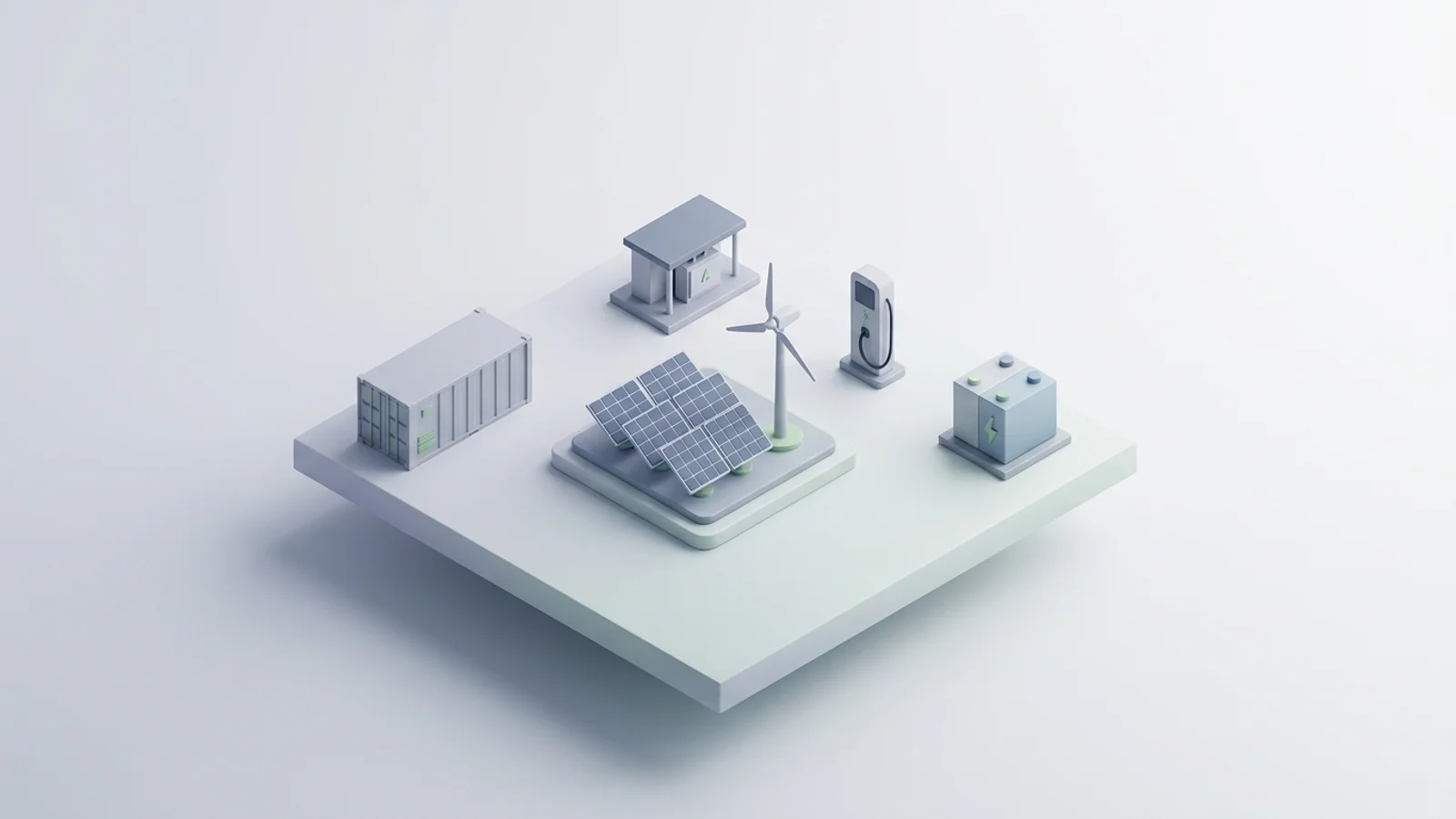 Isometric 3D illustration of solar array and wind turbine with battery container and substation