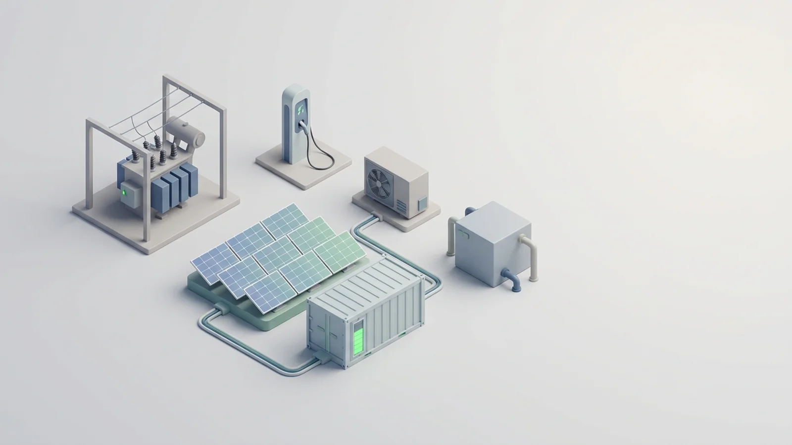 Isometric 3D illustration of solar array and battery container with substation and EV charger station