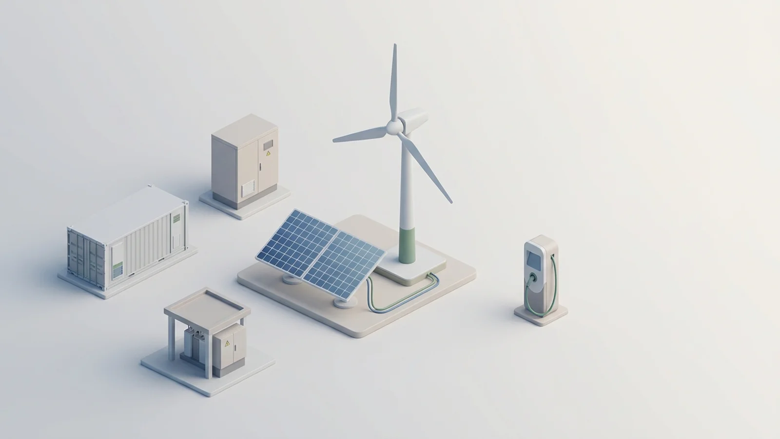 Isometric 3D illustration of solar array and wind turbine with battery container and substation