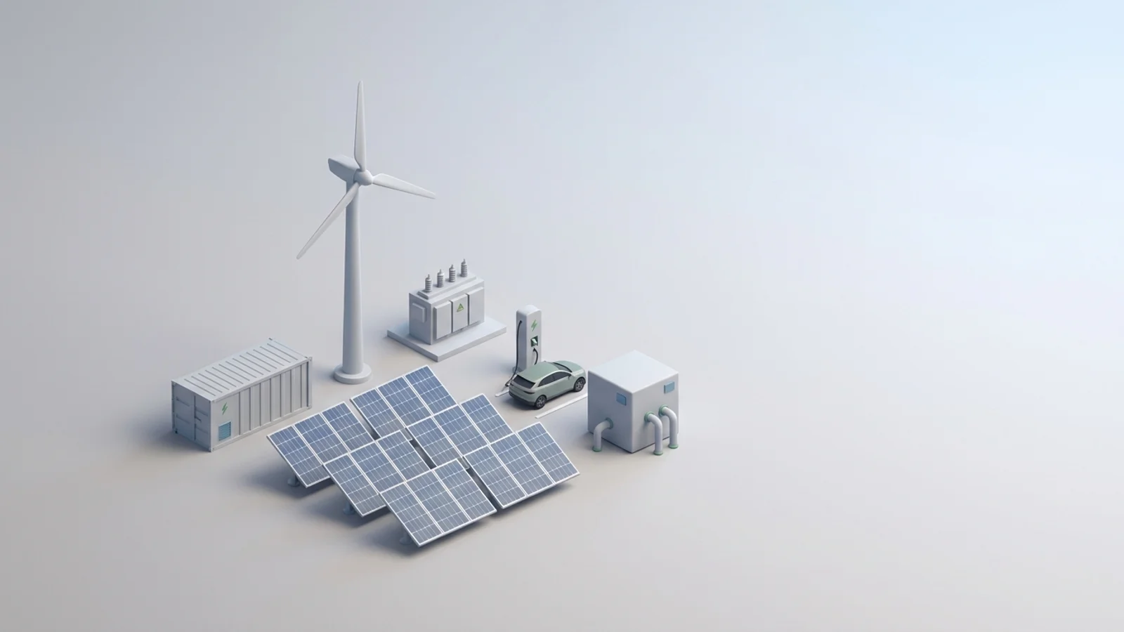 Isometric 3D illustration of solar array and wind turbine with battery container and substation