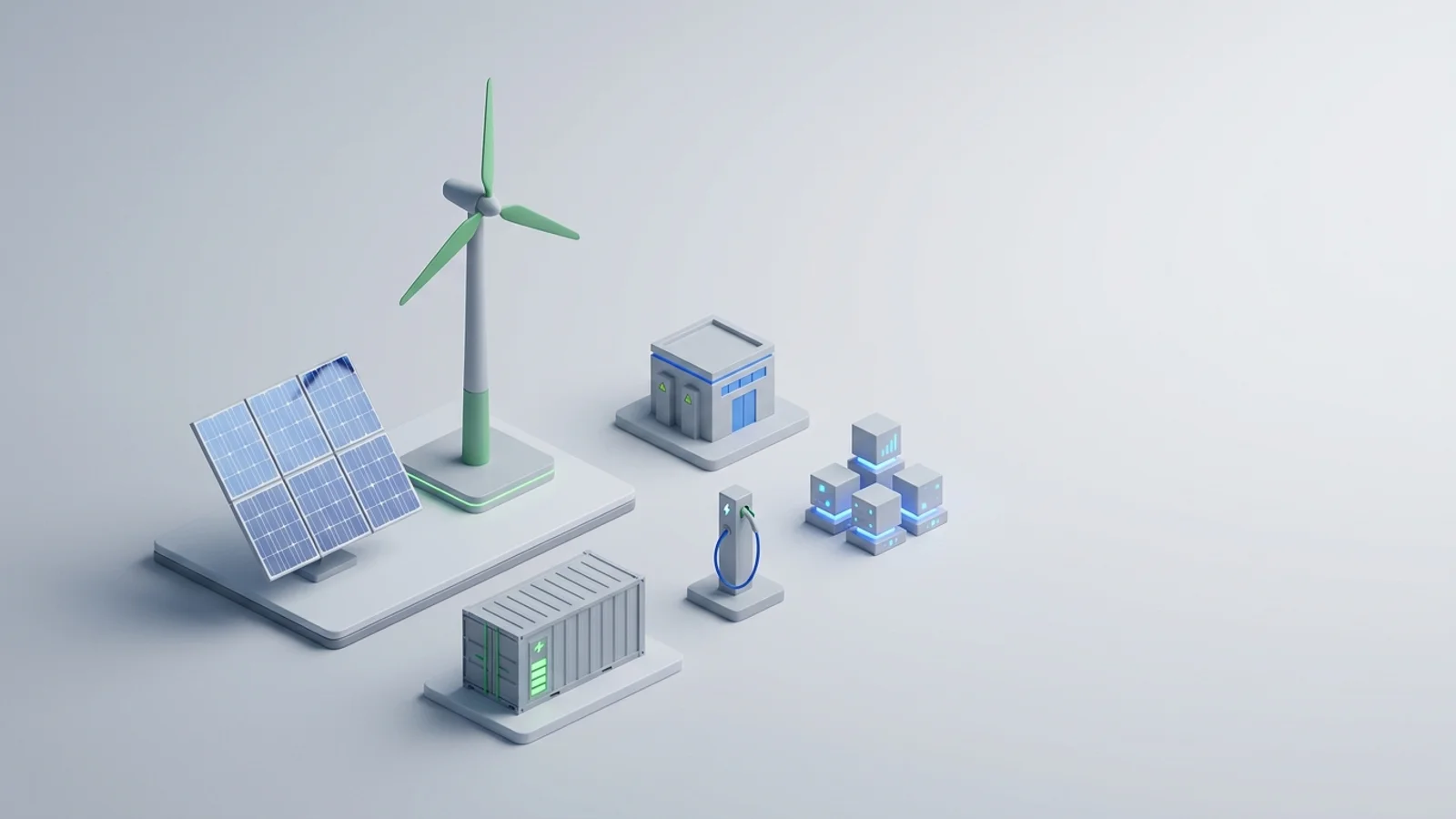 Isometric 3D illustration of solar array and wind turbine with battery container and substation