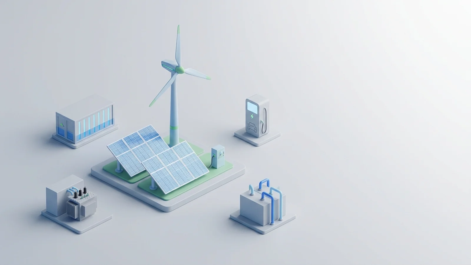 Isometric 3D illustration of solar array and wind turbine with battery container and substation