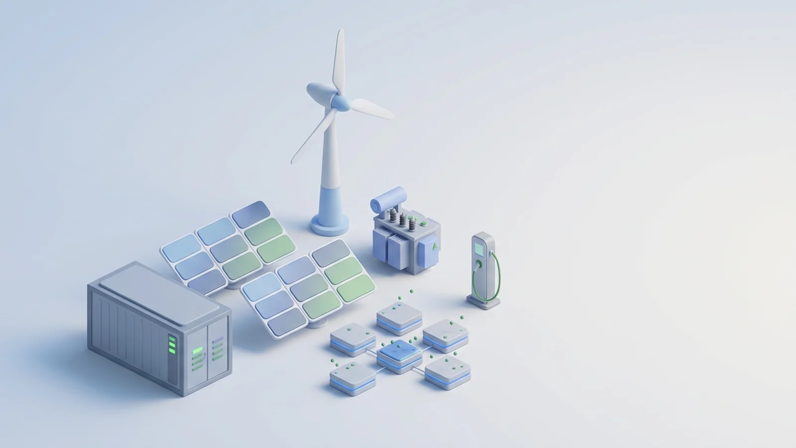 Isometric 3D illustration of solar array and wind turbine with battery container and substation