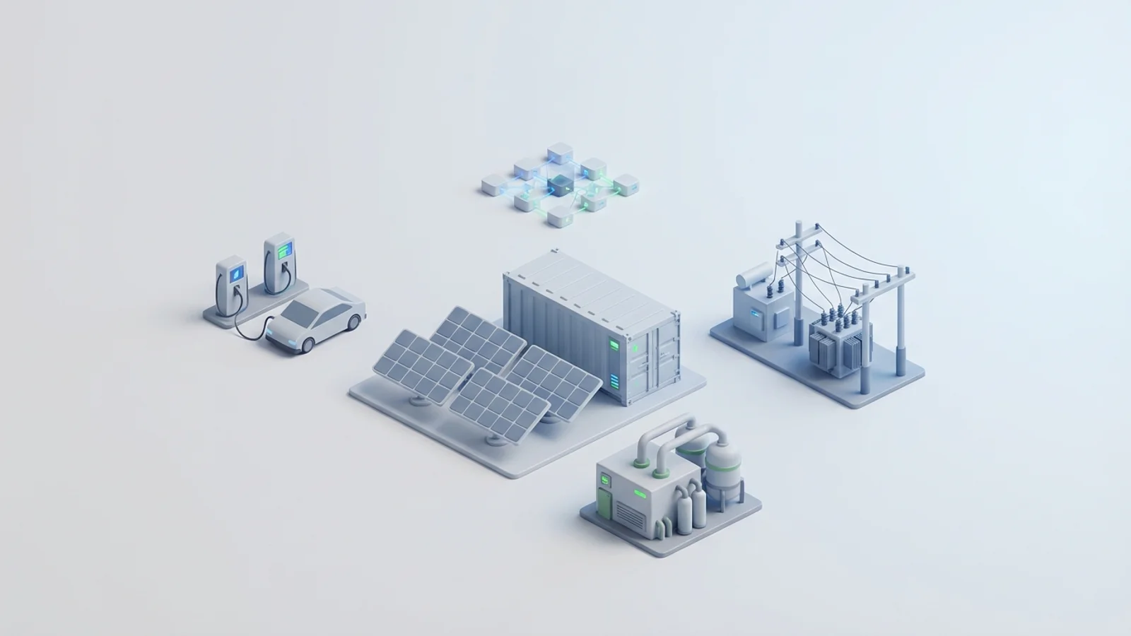 Isometric 3D illustration of solar array and battery container with substation and EV charger station