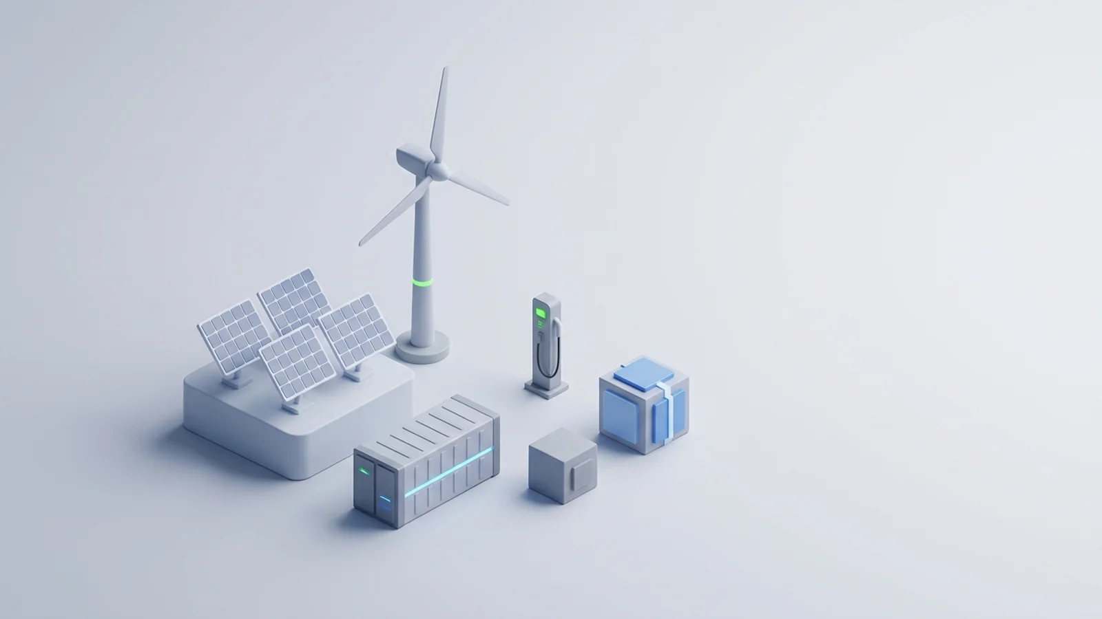 Isometric 3D illustration of solar array and wind turbine with battery container and substation