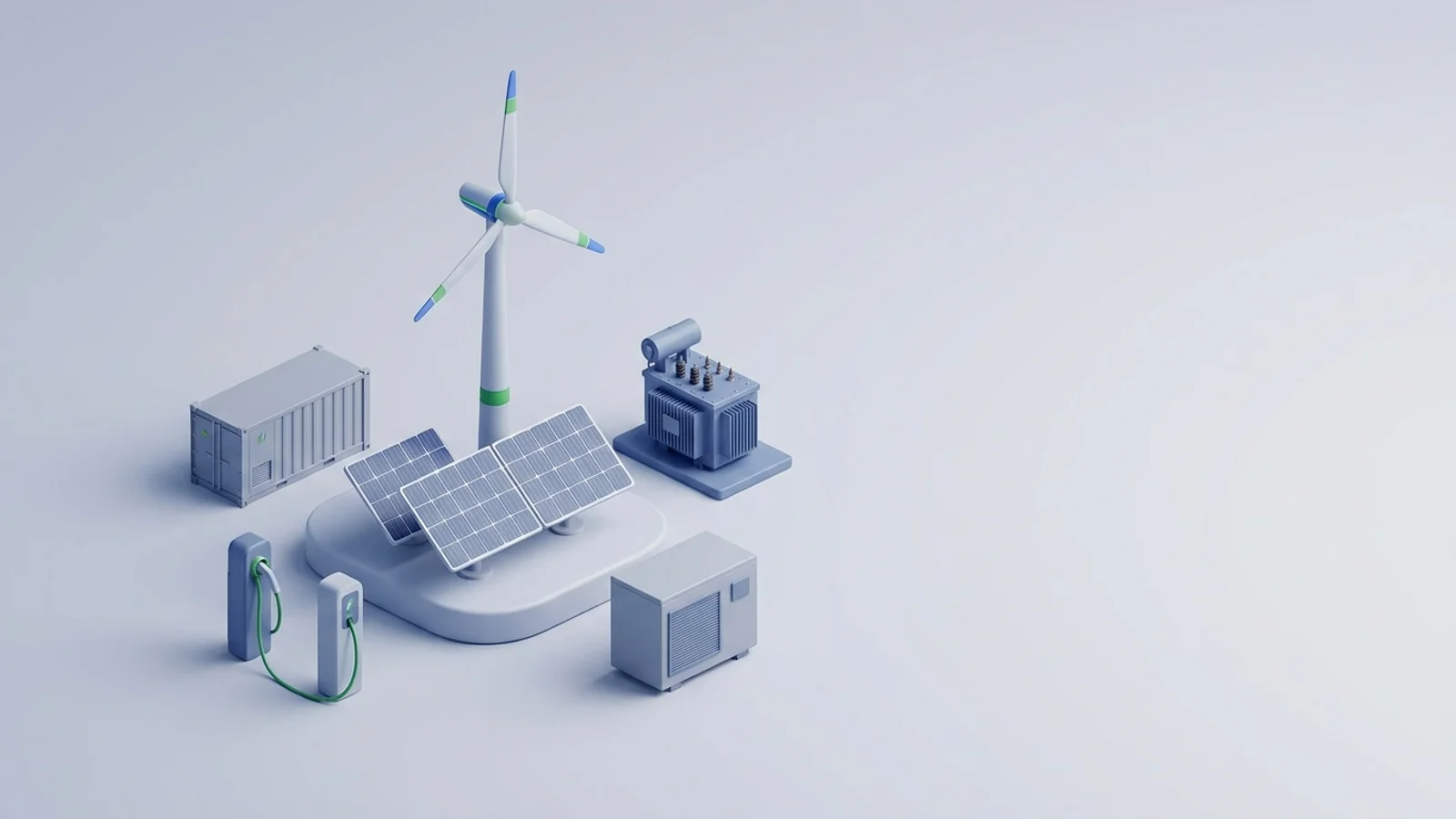 Isometric 3D illustration of solar array and wind turbine with battery container and substation