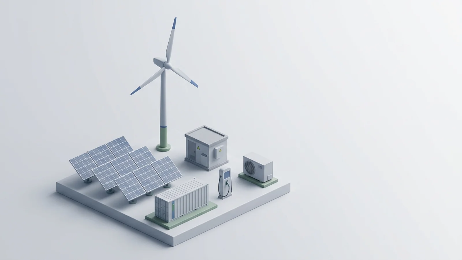 Isometric 3D illustration of solar array and wind turbine with battery container and substation