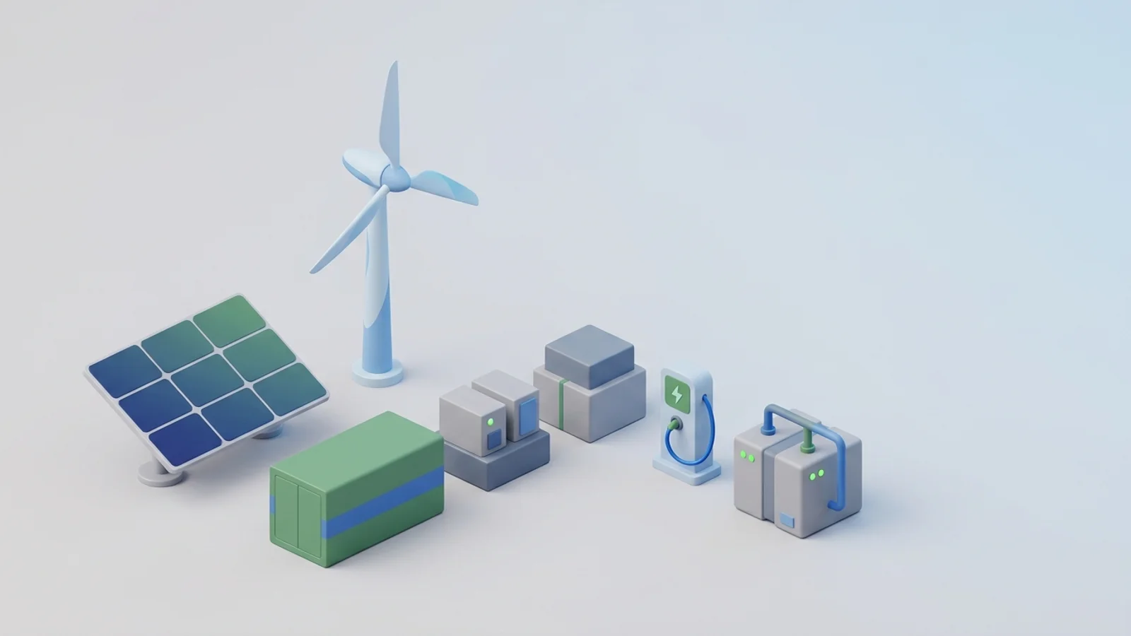 Isometric 3D illustration of solar array and wind turbine with battery container and substation