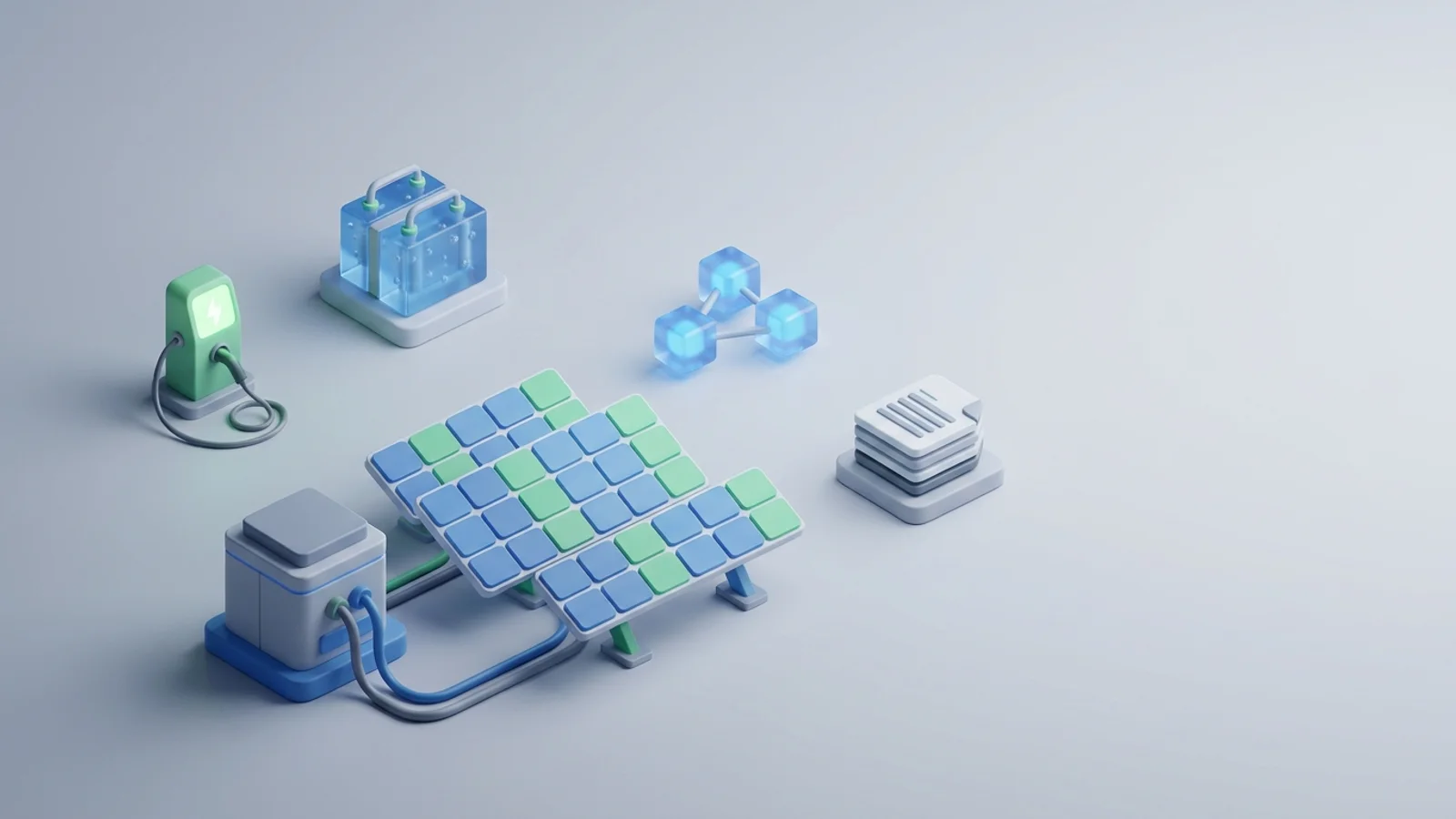 Isometric 3D illustration of solar array and substation with EV charger station and electrolyzer block