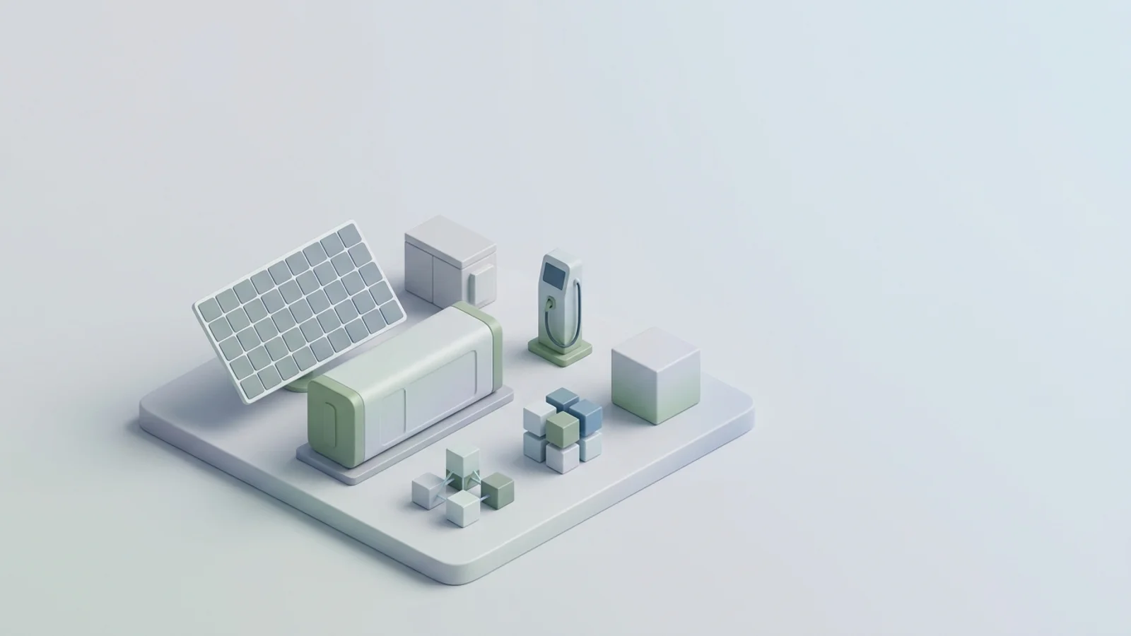 Isometric 3D illustration of solar array and battery container with substation and EV charger station