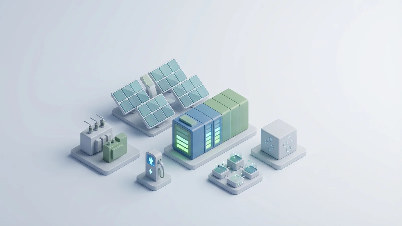 Isometric 3D illustration of solar array and battery container with substation and EV charger station
