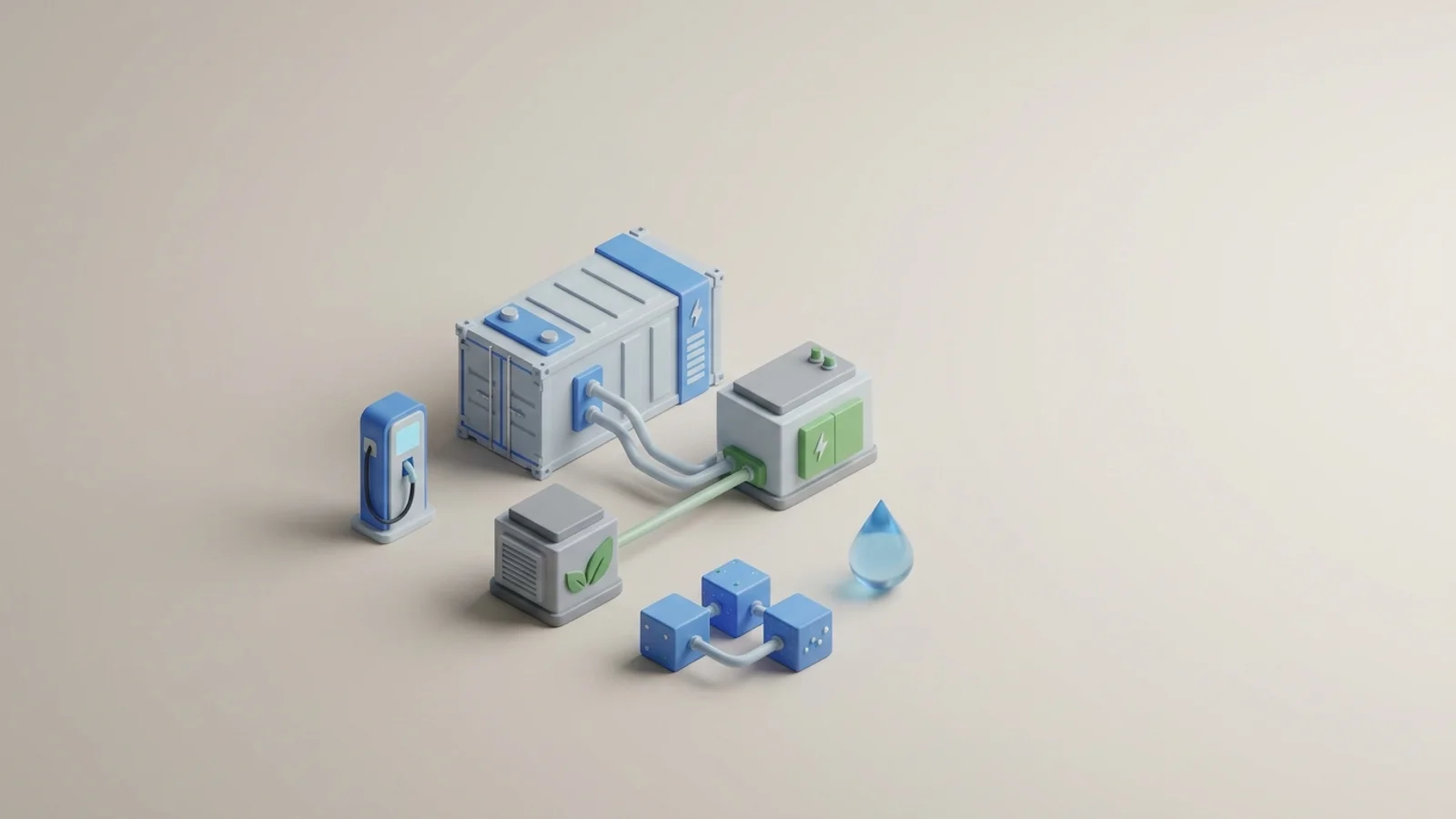 Isometric 3D illustration of battery container and substation with EV charger station and carbon capture unit block