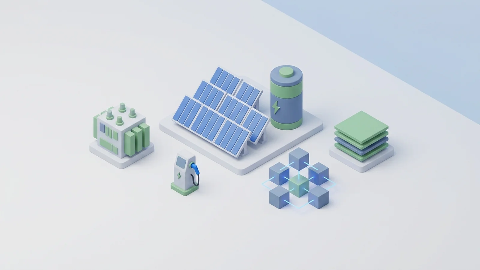 Isometric 3D illustration of solar array and battery container with substation and EV charger station