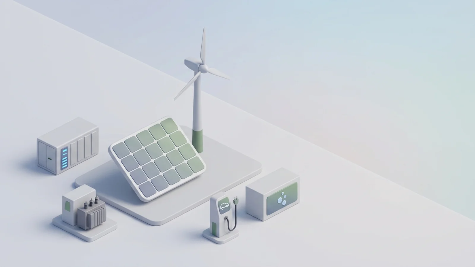 Isometric 3D illustration of solar array and wind turbine with battery container and substation