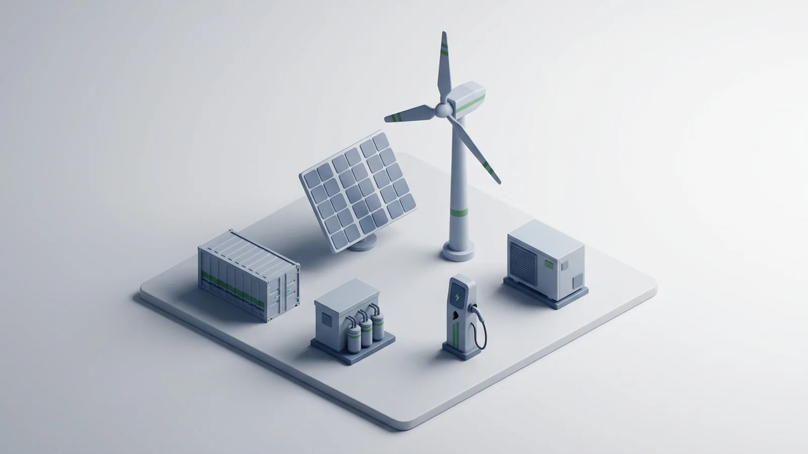 Isometric 3D illustration of solar array and wind turbine with battery container and substation