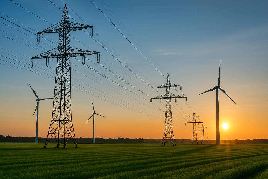 Illustration of high-voltage power lines and wind turbines across a green landscape