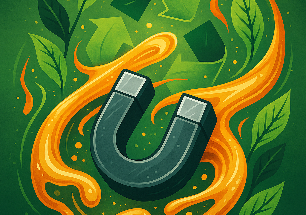 Illustration of a molten metals recycling process with green leaves and a magnet