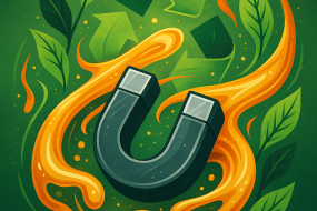 Illustration of a molten metals recycling process with green leaves and a magnet