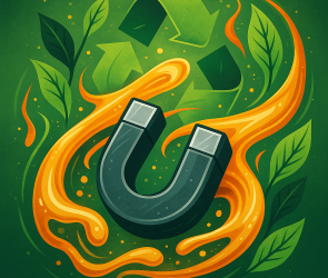 Illustration of a molten metals recycling process with green leaves and a magnet