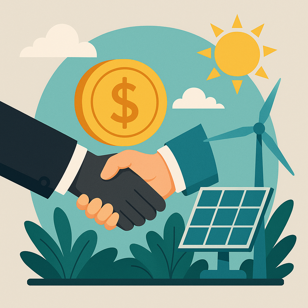 Abstract illustration representing climate finance investment with renewable energy icons.
