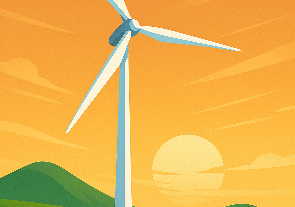 Illustration of a futuristic two-blade wind turbine on a hillside